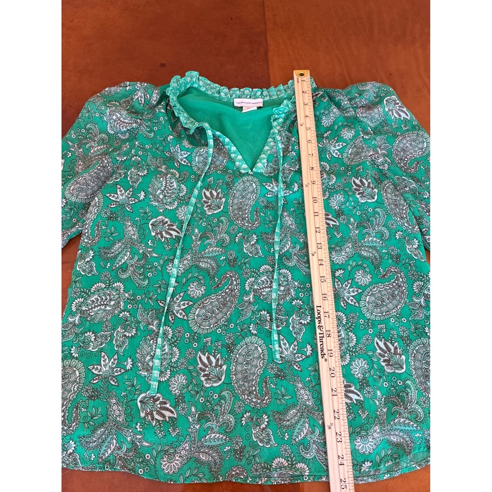 Cupcakes & Cashmere Floral Puff Sleeve Blouse Green Paisley Print Size Medium - Picture 5 of 6